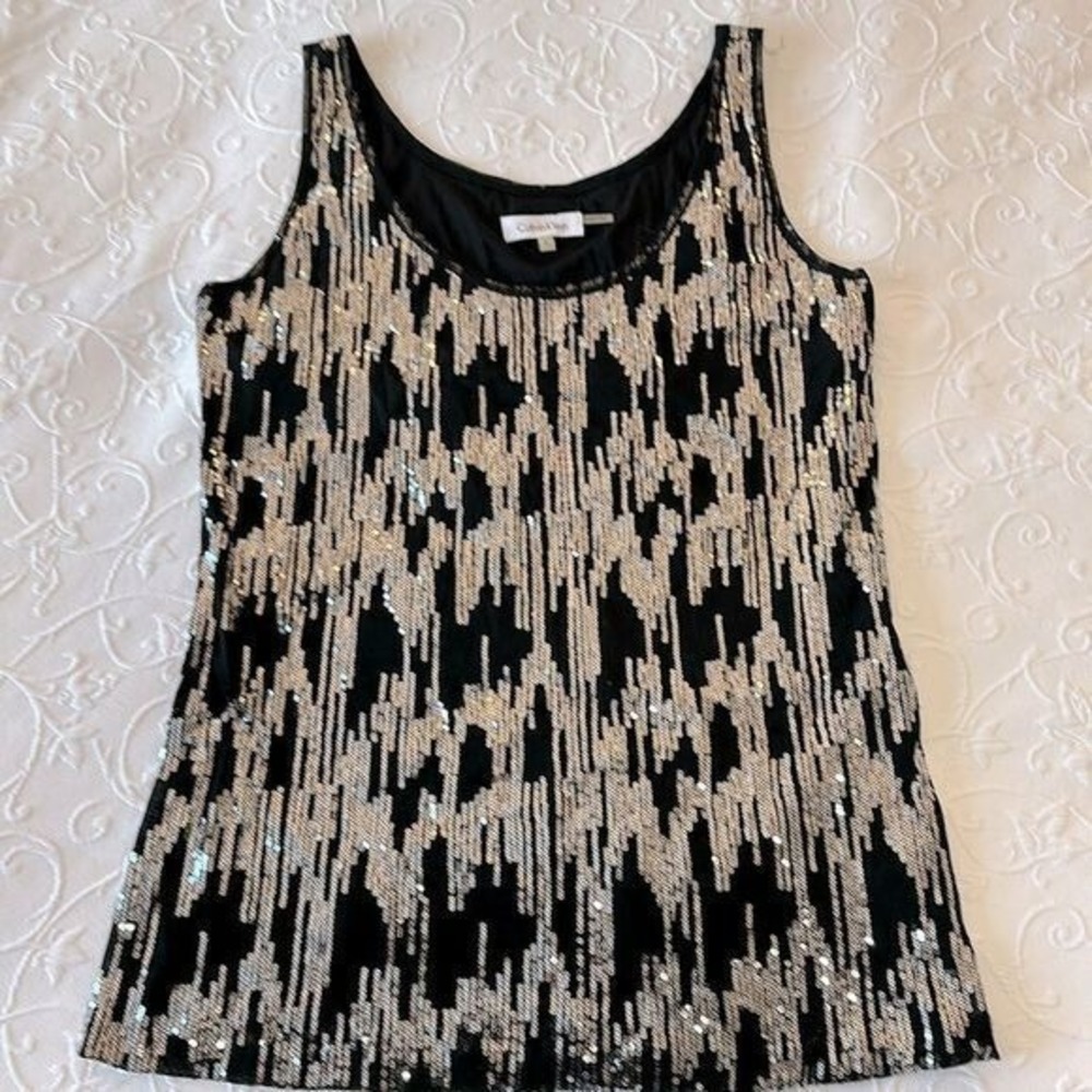 Calvin Klein Black Sleeveless Blouse with Silver Sequins Size‎ Large